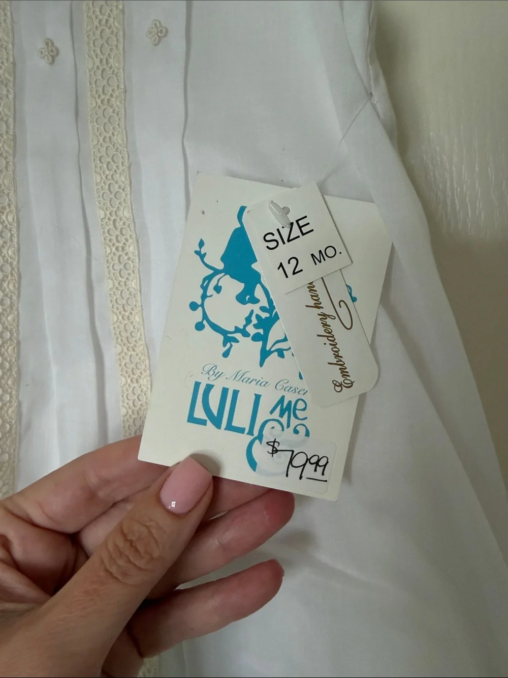 Luli & Me White Dress Set with Cream Trim Hand Embroidered